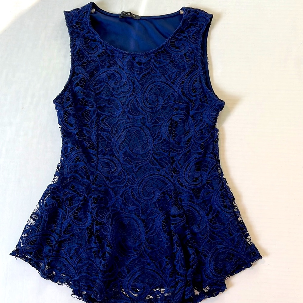 Peplum Blouse Navy Blue Lace by Scobe Women’s Size L Lined Sleeveless PreOwn